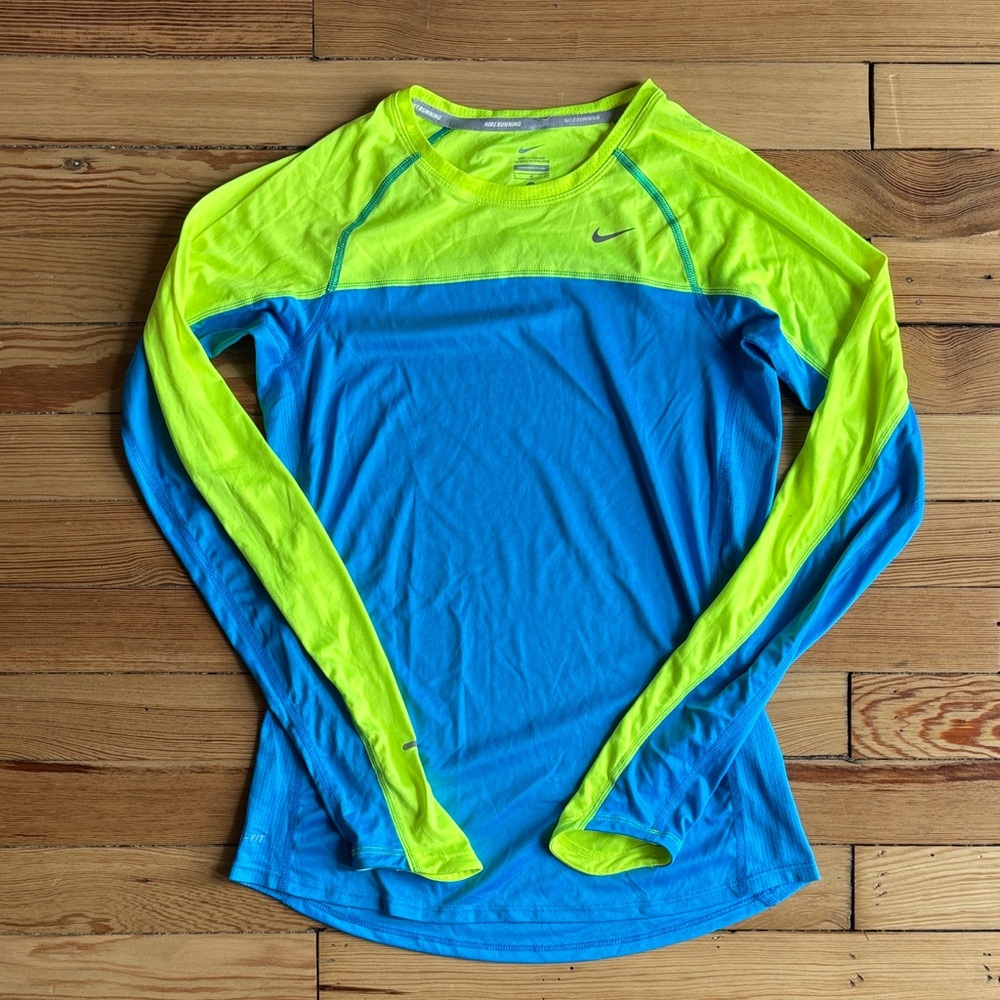 Nike Running Bright Blue and Neon Green Long Sleeve Shirt